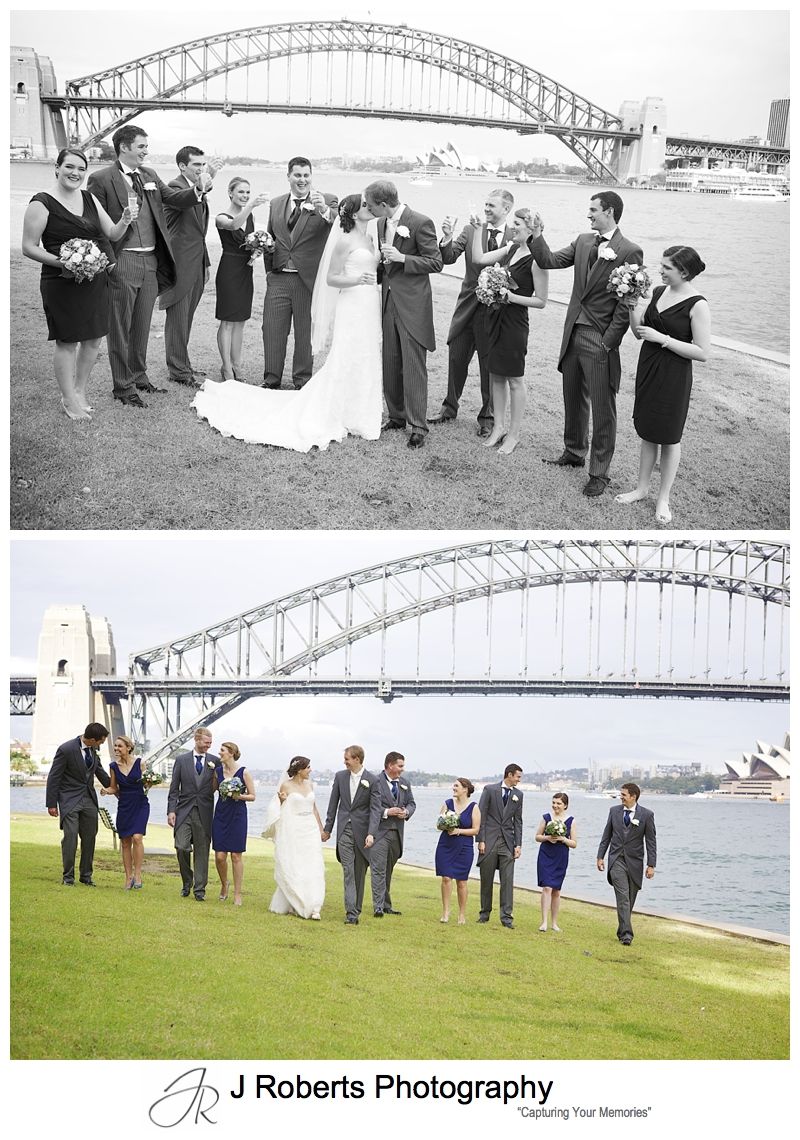 B&W portrait of bridal party at Blues Point Sydney Harbour - sydney wedding photography 